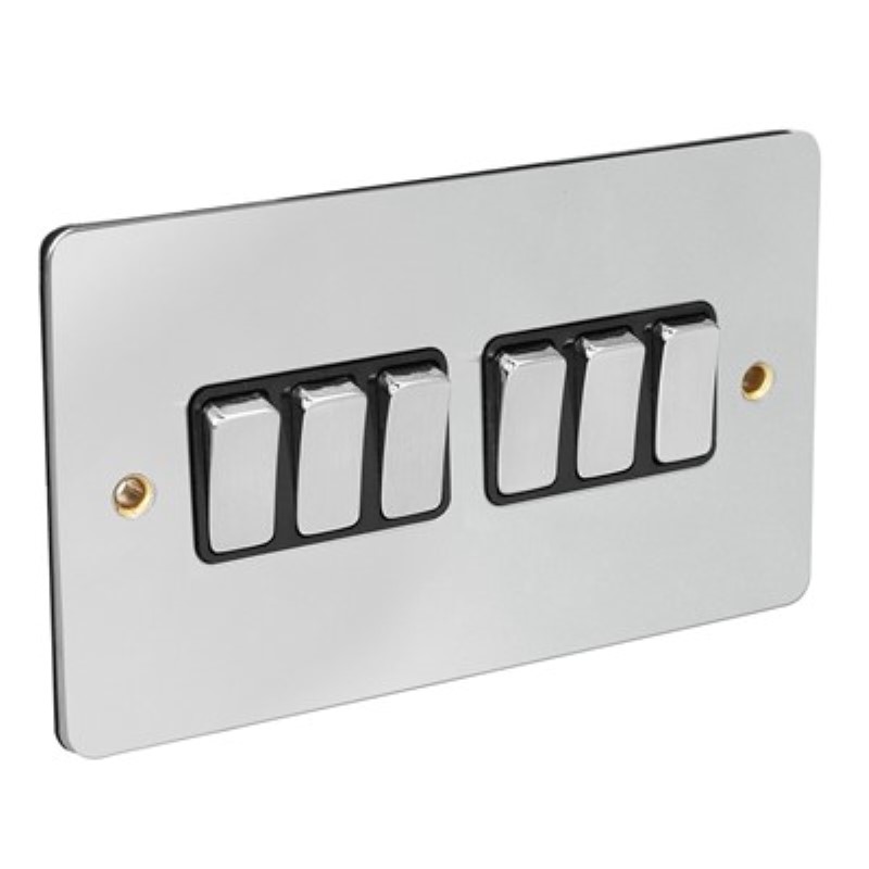 Flat Plate 10Amp 6 Gang 2 Way Switch *Chrome/Black Insert ** - Click Image to Close